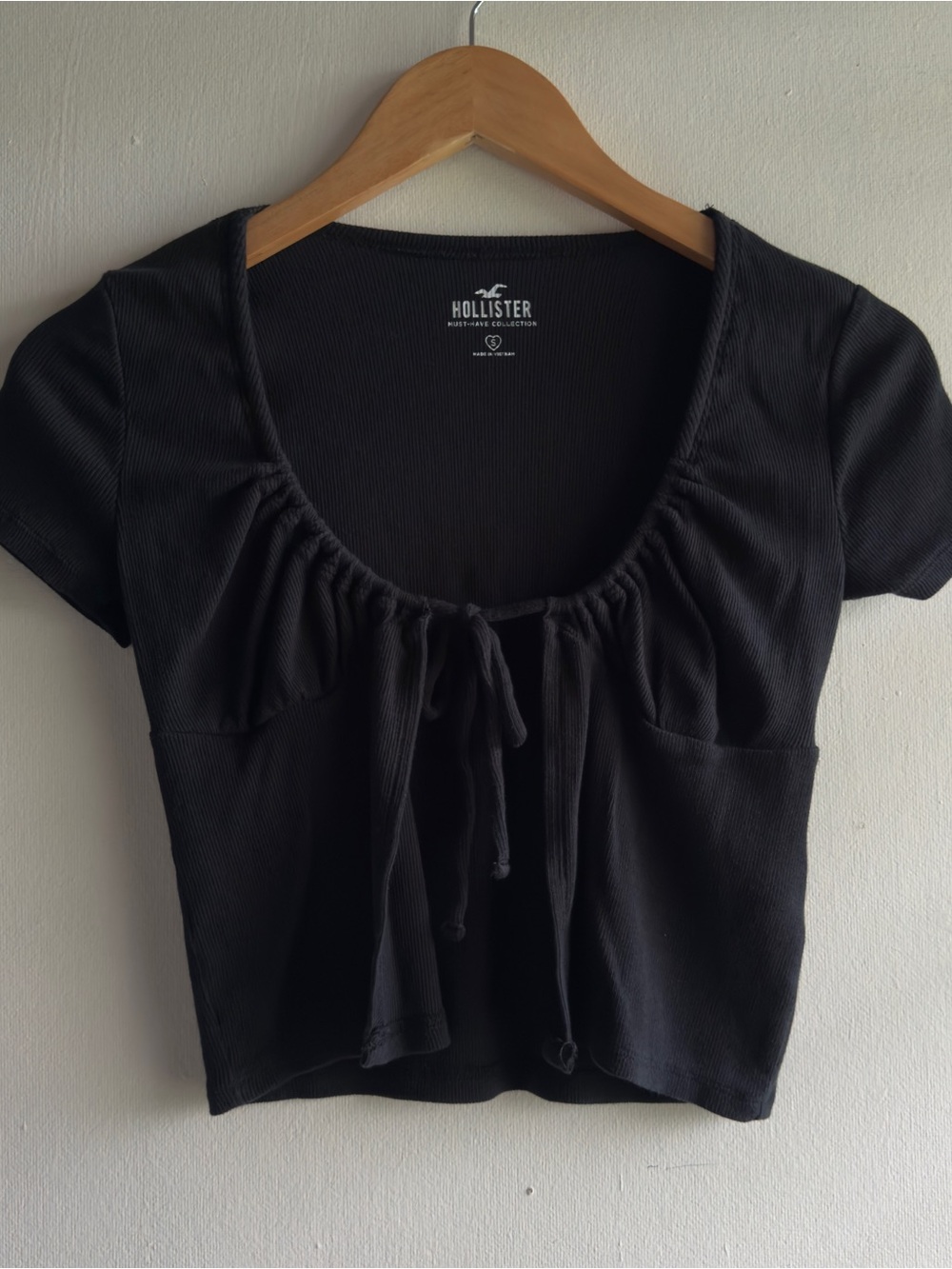 Hollister Black Y2K Ribbed Tie Front Babydoll Crop Top Size Small